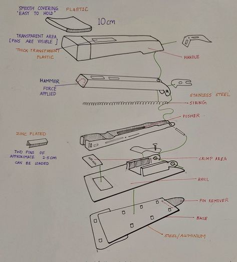 Stapler Exploded View, Exploded View Of Stapler, Exploded View Of Objects, Stapler Sketch, Stapler Drawing, Cat Questions, Step By Step Sketches, Product Sketch, Lighting Diy