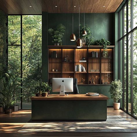 How Aluminium Composite Panel Design in Forest Green and Bronze Brings Nature Indoors • 333k+ Inspiring Lifestyle Ideas Deep Green Office, Aluminium Composite Panel Design, Modern Industrial Office Space, Dark Green Office Ideas, Green Office Interior, Moody Green Office, Forest Green Office, Forest Green Interior, Forest Office