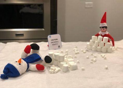 Elf On The Shelf Marshmallow Ideas, Easy Elf On The Shelf Ideas With Mini Marshmallows, Elf With Marshmallows Shelf Ideas, Elf On The Shelf And Marshmallows, Elf On The Shelf Idea With Marshmallows, Elf Shelf Marshmallows, Snowball Toss, Elf Props, Creative Mom