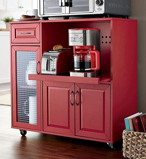 Amazon.com - PHI VILLA Kitchen Cart on Wheels Microwave Cart with Storage Cabinet Movable Kitchen Island Cart with Extendable Shelves Towel Rack and Drawers Burgundy - Storage Islands & Carts Textured Glass Door, Coffee Bar Ideas Kitchen Counter, Microwave Cart, Portable Kitchen Island, Microwave Shelf, Kitchen Appliance Storage, Kitchen Storage Cart, Rolling Kitchen Cart, Microwave Stand