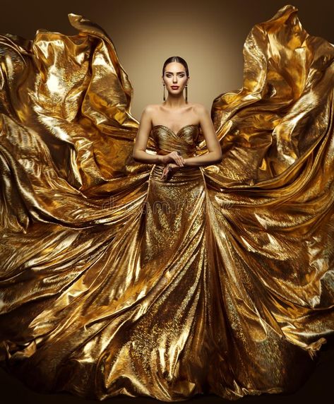 Photo about Gold woman flying dress, fashion model in waving golden gown, fluttering fabric fly like wings, art beauty portrait. Image of fabrics, ball, beautiful - 112190948 Golden Outfit, Golden Gown, Golden Dress, Gold Outfit, Foto Poses, Beauty Portrait, Free Webinar, Modeling Career, Golden Girl