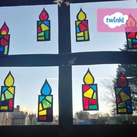 Sophie’s class enjoyed making this beautiful stained glass window display and they turned out beautifully, a great way to add a festive cheer to classroom windows! Create and design your own with our candle templates - click to download from the Twinkl website. #candles #windowdisplay #windowart #classroomdisplay #classroominspiration #classroomdecor #teaching #teachingresources #twinkl #twinklresources #homeschooling #craftsforkids Sveču Diena, Window Candles Christmas, Tissue Paper Candles, Classroom Windows, Christmas Window Candles, Window Display Ideas, Candle Template, Christmas In England, Window Candles