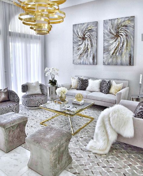 Gray and gold decor living room Modern Glam Living Room, Gold Living Room Decor, Glam Living Room Decor, Gold Living, Interior Design Per La Casa, Living Room Decor Gray, Gold Living Room, Glam Living Room, Gold Home Decor