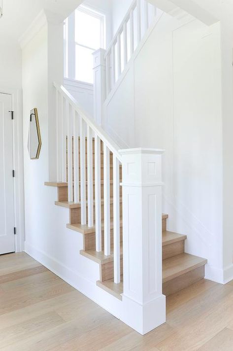 A white wooden staircase newel complements white posts and a white wooden handrail finishing a staircase with oak treads. White Stair Railing, Wooden Staircase Railing, Wooden Handrail, Wooden Staircase Design, Baddie Bedroom, White Staircase, Wooden Staircase, Staircase Runner, White Stairs