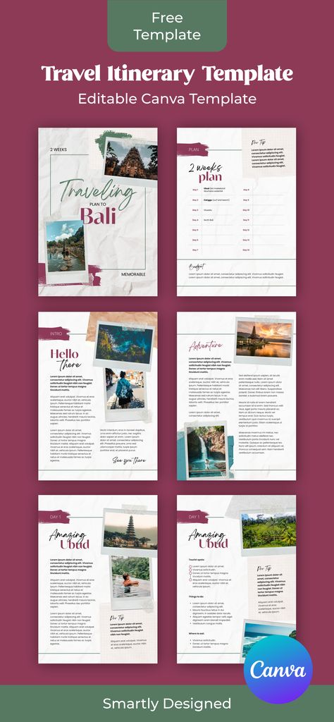 6 editable pages of Travel Itinerary Ebook designed as a Canva Template. Edit and download for free your traveling plan. For profesional travel agencies and personal use. Travel Itinerary Design Layout, Travel Itinerary Aesthetic, Travel Iterinary Template, Canva Travel Itinerary, Travel Book Template, Travel Guide Layout, Itenerary Travel Template, Itenerary Travel Design, Canva Itinerary