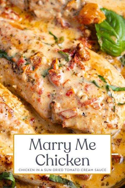 Marry me chicken is about to become your new favorite chicken recipe! This crowd-pleaser takes juicy, tender chicken breasts and marries them with an incredible parmesan cream sauce, sun dried tomatoes, and fresh basil for a rich, flavorful main course everyone will love. Sun Dried Tomato Cream Sauce, 40 Aprons, Tomato Cream Sauce, Marry Me Chicken, Parmesan Cream Sauce, Favorite Recipes Chicken, Chicken Entrees, Favorite Chicken, Tender Chicken