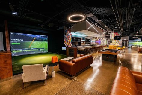 Sports Simulator Room, Golf Simulator Business, Golf Simulator Bar, Golf Locker Room, Sports Simulator, Golf Lounge, Golf Bar, Indoor Golf Simulator, Joseph Oregon