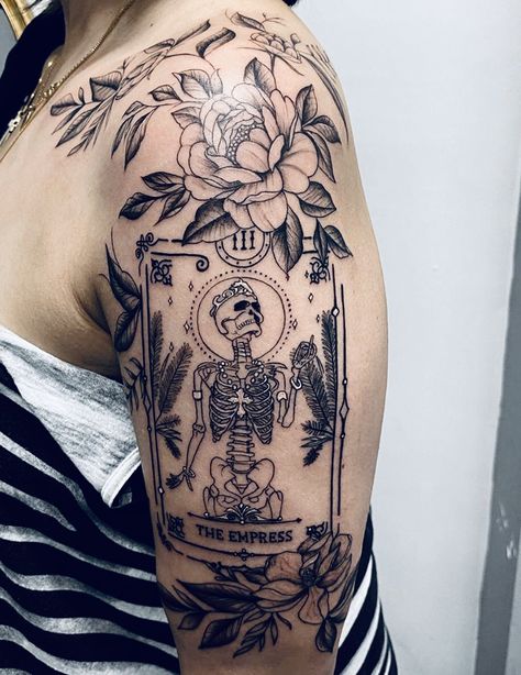 Embassy Tattoo - floral empress tarot tattoo, tarot, foliage, occult, skeleton Tarot Card Tattoo, Tarot Tattoo, Skeleton Tattoo, Card Tattoo Designs, Empress Tarot, Occult Tattoo, Witch Tattoo, Skeleton Tattoos, Muster Tattoos