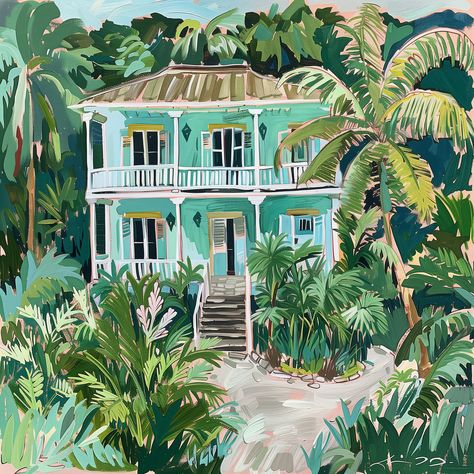 Caribbean House Canvas Romantic Print Mint and Green Print Tropical Home Barbados Art, Key West Style Homes, Caribbean House, Caribbean Colors, Caribbean Decor, Aqua And Green, House Canvas, Caribbean Homes, Tropical Home