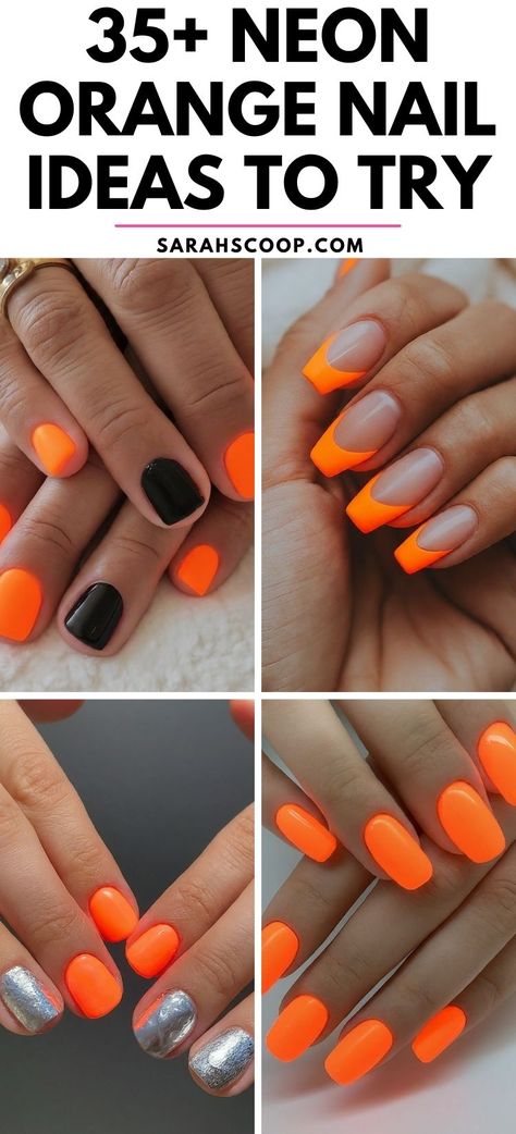 Brighten up your style with these 35+ neon orange nail designs. They're perfect for summertime or to add a pop of color in the colder months. #NailArt #NeonNails #NailDesigns Orange And Black Gel Nails, Black And Neon Nails Acrylic, Orange Glow In The Dark Nails, Black White And Orange Nails, Orange Nails Black Tips, Black And Orange Nails Ideas, Black And Orange French Tip Nails, Neon Fall Nails, Orange And Black Nail Ideas