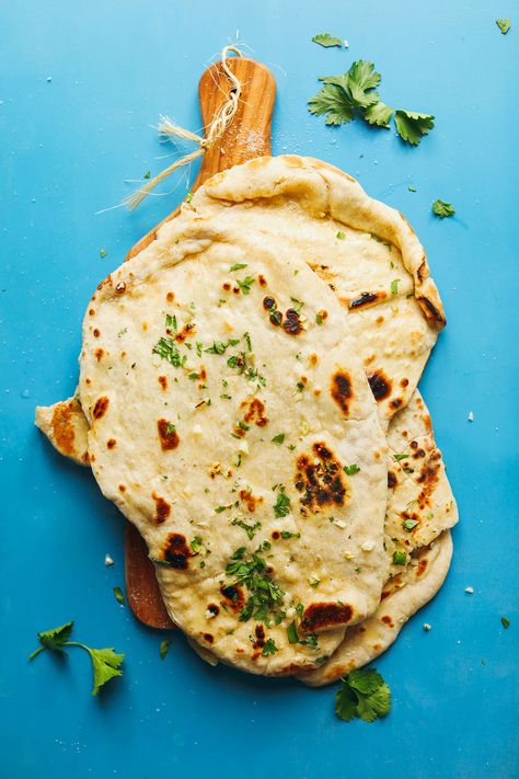 FLUFFY, Perfect Vegan Naan with just 7 ingredients! Perfect for curries, soups, and more! #vegan #plantbased #naan #recipe #bread #minimalistbaker Easy Vegan Naan, Vegan Naan, Flat Breads, Minimalist Baker, Vindaloo, Vegan Yogurt, Vegan Bread, Lentil Curry, Tikka Masala