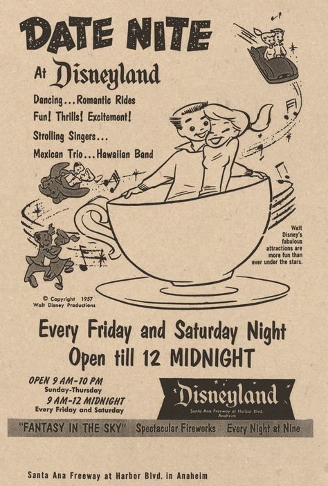 Did You Know There Used to Be an Official Date Night at Disneyland? And It’s Coming Back! Disneysea Tokyo, Disneyland World, Retro Disney, Images Disney, Disney Posters, Vintage Disneyland, Disney Life, Jim Henson, Happiest Place On Earth