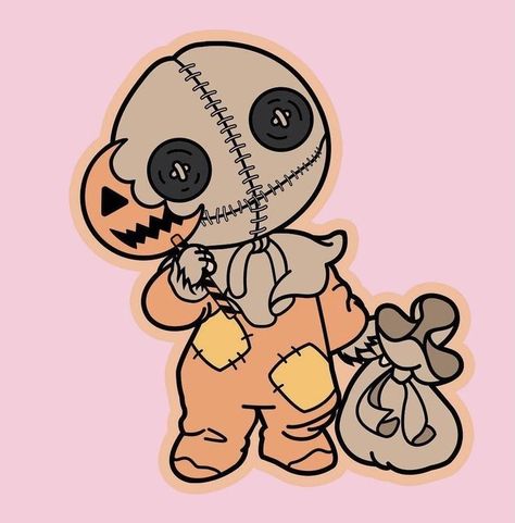 Halloween Art Cartoon, Chibi Horror Movie Characters, Horror Movie Cartoon Art, Spooky Cartoon Drawing, Halloween Cartoon Painting, Cartoon Halloween Drawings, Trick R Treat Nails, Sam Trick R Treat Drawing, Halloween Cartoon Drawings