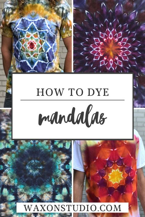 Want to learn how to create a mandala? Read up on mandala dyeing using ice and get your creative juices flowing. Mandalas, Tie Dye Techniques Shirts, Cool Tie Dye Designs, Easy Diy Tie Dye, Tie Dye Folding Techniques, Tie Dye Shirts Patterns, Ty Dye, Tye Dye Patterns, Diy Tie Dye Techniques