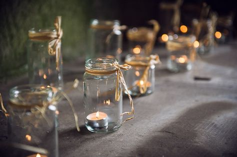 Claire and Andrew’s secluded woodland wedding with rustic chic handmade details, giants tipis and festoon lighting Jar Candles Wedding, Teepee Wedding, Tea Light Lanterns, Rustic Style Wedding, Lantern Designs, Glitter Balloons, Jam Jars, Jar Lanterns, Tea Diy