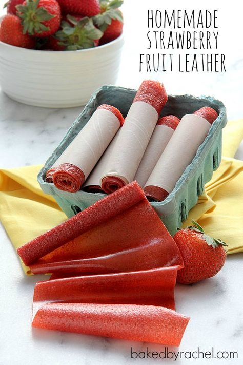 Strawberry Fruit Leather | Baked by Rachel Strawberry Fruit Leather, Homemade School Lunches, Yoghurt Parfait, Homemade Fruit Leather, Homemade Fruit Snacks, Fruit Leather Recipe, California Rolls, Healthy Meals For One, Fruit Roll