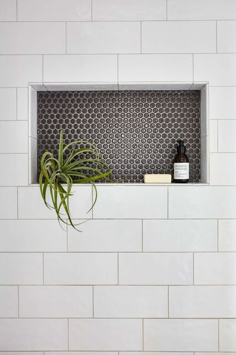 Shower niche with large subway tile and penny tile. #Bathroom #MinimalistBathrooms #Renovation Tile Shower Niche, White Subway Tile Bathroom, Bathroom Niche, Subway Tile Showers, Subway Tiles Bathroom, New House Bathroom, Penny Tile, Bad Inspiration, Shower Niche