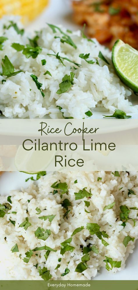 Spice up your summer taco night or Cinco de Mayo party with this easy Rice Cooker Cilantro Lime Rice recipe! Perfect for cookout sides, this homemade dish is quick and fresh, made effortlessly in your rice cooker. Rice With Cilantro Recipe, Cilantro Lime Brown Rice In Rice Cooker, Rice Cooker Cilantro Lime Rice Recipe, Slow Cooker Cilantro Lime Rice, Cilantro Lime Rice With Dried Cilantro, Flavored Rice Cooker Recipes, Cilantro Lime Chicken Side Dishes, Costco Cilantro Lime Crema Recipe, Rice Cooker Cilantro Lime Rice