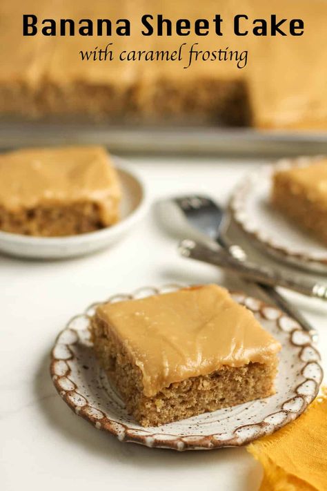 Banana Sheet Cake combines a moist banana cake with a decadent caramel frosting. This cake makes a great dessert to take to potlucks or family gatherings, and is over-the-top delicious! Banana Sheet Cake, Banana Sheet Cakes, Butter Glaze, Caramel Frosting, Sheet Cake Recipes, Browned Butter, Favorite Dessert Recipes, Banana Recipes, Banana Cake