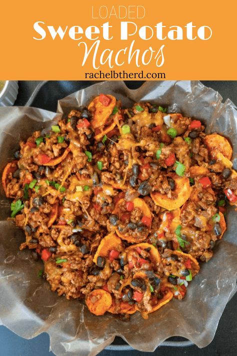 These loaded sweet potato nachos are an easy Mexican-inspired meal that’s way healthier than traditional nachos. They’re made with baked sweet potatoes and topped with all your favorite nacho toppings. Perfect snack, appetizer, or weeknight meal for a family of nacho lovers. #mexican #healthyapps #nachos #healthynachos #nachosrecipe Loaded Sweet Potato Nachos, Sweet Potato Nachos With Ground Turkey, Sweet Potatoes Nachos, Sweet Potato Nachos Air Fryer, Sweet Potato Nachos Healthy, Chipless Nachos, Sweet Potato Mexican, Ground Turkey Nachos, Chilli Nachos