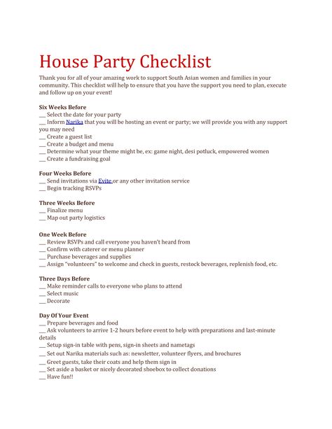 House Party Checklist - How to create a House Party Checklist? Download this House Party Checklist template now! How To Become A Party Planner, Party Preparation Checklist, Party List Checklist, House Party Checklist, House Party Planning, Leavers Party, Housing Plans, Party Planning Checklist, Party List