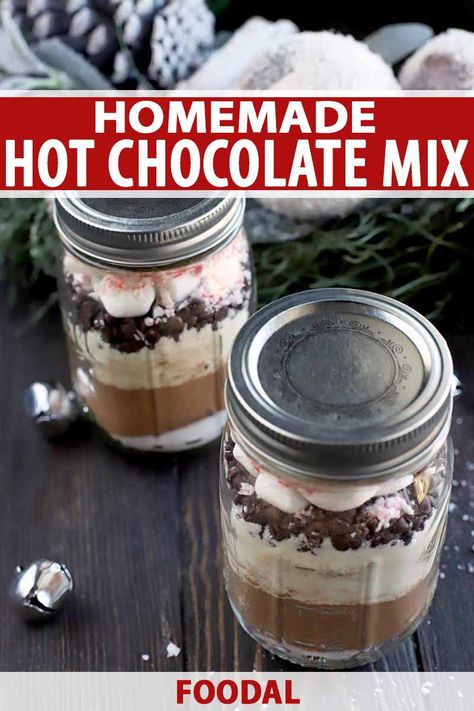 Gift your loved ones with a mugful of happiness and make our hot chocolate mix in a jar. The layered ingredients create a gorgeous present that's easy to make for all your friends and family, and you can customize the add-ins to feature your favorite flavors. Get the recipe now! #hotchocolate #homemadegiftideas #foodal Diy Hot Chocolate Mix Recipes In A Jar, Hot Chocolate Mason Jar Recipe, Hot Chocolate Mix Recipes Dry, Layered Recipes, Diy Hot Chocolate Mix, Hot Chocolate In A Jar, Mason Jar Recipe, Hot Cocoa Mix Recipe, Chocolate Jar