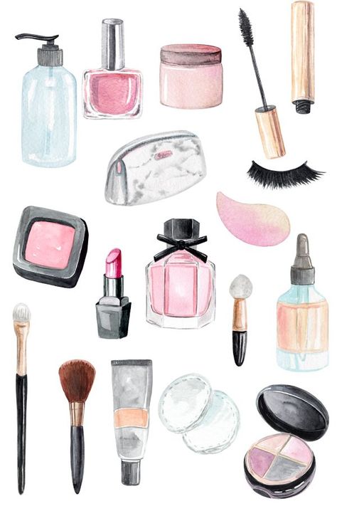 Makeup Watercolor, Cream Nail Polish, Makeup Clipart, Cream Nail, Cream Bottle, Makeup Illustration, Imagenes Mary Kay, Alat Makeup, Lipstick Blush