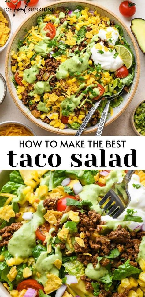 This is the best taco salad recipe! Lettuce, taco meat, veggies, herbs, cheese and toasted corn are tossed in a delicious homemade dressing for a bold, flavorful and delicious salad perfect for taco nights! Essen, Best Taco Salad Recipe, The Best Taco Salad Recipe, Best Taco Salad, Taco Salad Recipe Healthy, Easy Taco Salad Recipe, Toasted Corn, Mexican Salad Recipes, Taco Salad Bowls