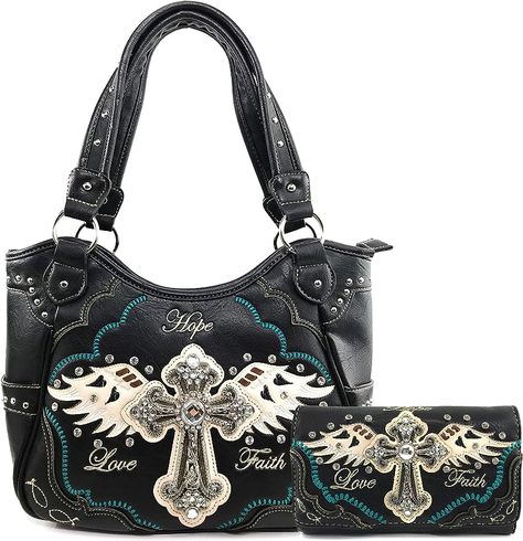 Carry this beautiful and stylish western purse to express yourself. Large rhinestone silver cross with embroidered angel wings and inspiring words, faith, love, and hope. Match with wallets sold separately. Purse proudly designed in the USA by Justin West. Cross Purses, Y2k Handbag, Kavu Rope Bag, Chic Purses, Western Handbags, Soft Leather Tote, Concealed Carry Purse, Waterproof Tote, Rope Bag