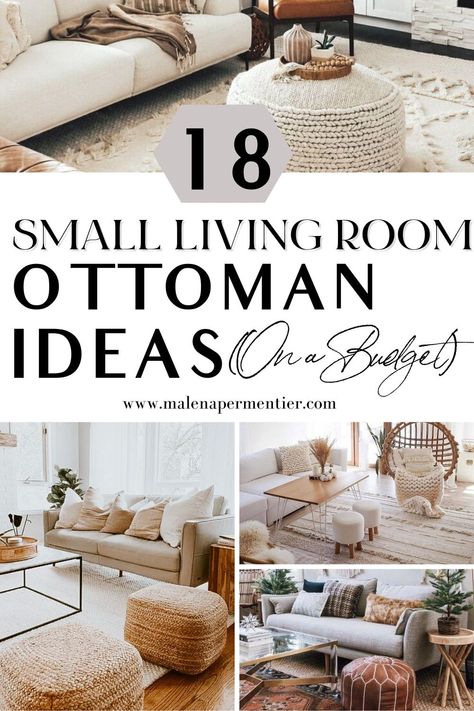 An ottoman with storage can be used as a coffee table, footrest, extra little seat, decoration and so much more. See here 18 stunning ideas for using an ottoman in a small living room. #ottomans #smalllivingroom Foot Stool Ottoman Living Rooms, Ottomans For Living Room, Ottoman Styling Living Room Storage, Poufs In Living Room Extra Seating Storage, Sofa And Chair With Ottoman Layout, Small Living Room With Ottoman, Living Room With Ottomans, Couch With Two Ottomans, Living Room Extra Seating Ideas