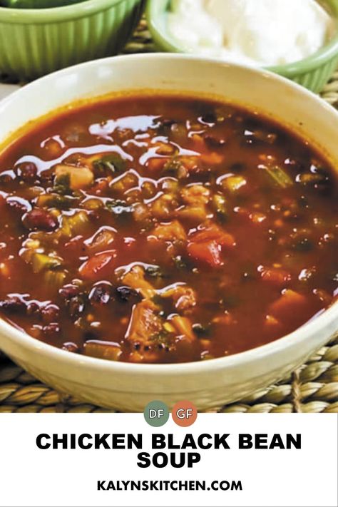 Pinterest image of small bowl of Chicken Black Bean Soup with two small bowls of condiments in the back. Gluten Free Black Bean Soup, Black Bean And Chicken Soup, Chicken And Black Bean Soup, Chicken Black Bean Soup, Chicken Black Bean, Celery Recipes, Tasty Chicken, Black Bean Soup, Best Gluten Free Recipes