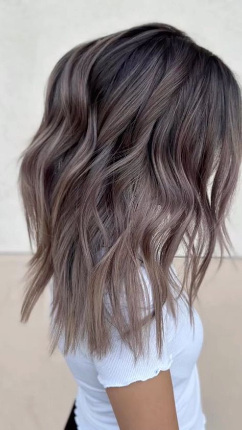 Mushroom Tone Hair, Mushroom Brown Ombre Hair, Dark Root Mushroom Balayage, Grey Mushroom Hair Color, Dark Brown To Mushroom Brown Hair, Mushroom Brown With Shadow Root, Ombre Hair Brown Blonde, Mushroom Coloured Hair, Outfits For Silver Hair