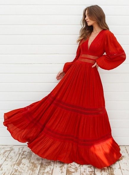 Red Flowy Dress Long, Gopi Dress, Flowy Red Dress, Red Flowy Dress, Simple Long Dress, Long Flowy Dress, Boho Gown, Formal Clothes, Red Dress Long