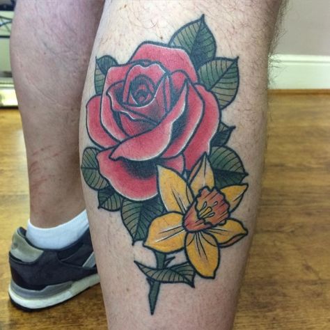 daffodil and rose tattoo Rose And Daffodil Tattoo, Narcissus Tattoo, Daffodil Flower Tattoos, Narcissus Flower Tattoos, Daffodil Tattoo, Rose Flower Tattoos, Candle Tattoo, Wild Tattoo, Rose Tattoo Design