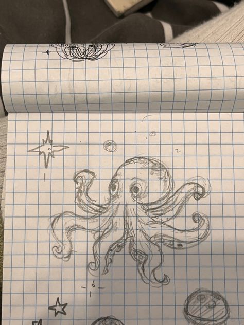 Octopus Cute Art, Octopus Aesthetic Drawing, Holding A Book Drawing Reference, Ocean Sketch Simple, How To Draw An Octopus, Sea Turtle Drawing Sketches, Ocean Aesthetic Drawing, Ocean Drawing Simple, How To Draw Octopus