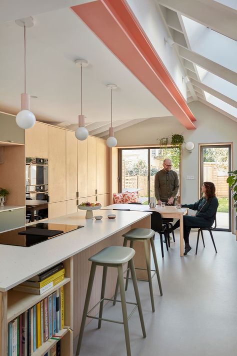 Side Return Extension, Calming Interiors, Terrace Kitchen, Plywood Kitchen, Victorian Terrace House, Side Return, Narrow Kitchen, London Kitchen, House Extension Design