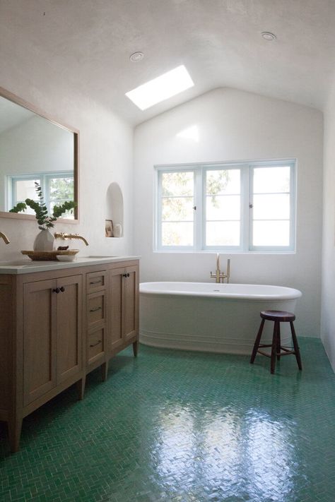 Floating on a sea of green Green Bath Tile, Green Tile Bathroom Floor, Sea Green Bathrooms, Green Tile Floor, Spanish Bathroom, Green Tile Bathroom, Bath Tile, Green Floor, Tiled Floor