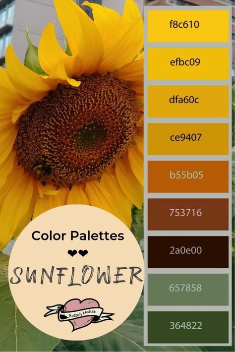 Colors of the sunflower! This amazing palette is the inspiration for making paper flowers and other Diy home decor! This color palette is from an untouched photo from a local garden. Perfect for papercrafts, DiY Home Decor, and more. #cricut #papercarft #colorpalette #craft #handmadecard #DIYHomeDecor Sunflower Colors Palette, Sunflower Kitchen Color Scheme, Sunflower Kitchen Paint Colors, Sunflower Pallet Color, Sunflower Yellow Color Palette, Colors That Go With Sunflowers, Sunflower Color Scheme, Sunflower Wedding Palette, Sunflower Colour Palette