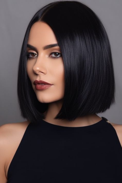 The elegant midnight black sleek bob epitomizes sophistication and gracefulness. The dark shade complements any skin tone while the sleek finish can be achieved using an iron. Click here to check out more cute and fun shoulder-length haircuts and hairstyles. Short Bob Haircuts Black Hair, Shoulder Short Hairstyle Women, Black Haircut Women, The Mid Bob, Short Black Bob Hairstyles, Black Hair Bob Haircut, Black Hair Bobs, Dark Bob Hairstyles, Short Bob Black Hair