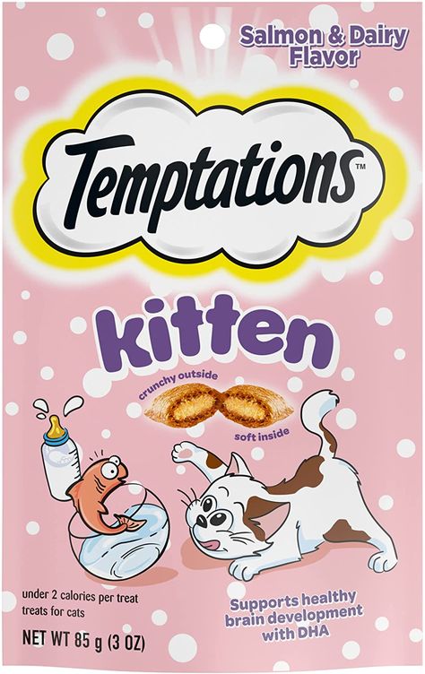 CONTAINS: Twelve (12) 3 oz. pouch of TEMPTATIONS Crunchy and Soft Kitten Treats, Salmon and Dairy Flavor MADE FOR KITTENS: Formulated to support the needs of your growing kitten AMAZING TEXTURE AND FLAVOR: Dairy and salmon flavored kitten treats that are crunchy on the outside and soft on the inside JUST 2 CALORIES: Each kitten treat is under 2 calories, so you can feel good about rewarding your young cat every day. Kitty Treats, Kitten Supplies, Kitten Treats, Treat Toppers, Kitten Food, Food Topper, Flavored Milk, Healthy Brain, Cat Treats