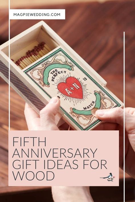 Want some cool and quirky gift ideas for your fifth wedding anniversary? Wood is what it's all about! Check some out here! #magpiewedding 5 Year Anniversary Ideas For Him, 5 Year Anniversary Wood Gift Ideas, Wood Anniversary Gifts For Her, Diy Wood Anniversary Gifts For Him, 5 Year Anniversary Gift Ideas For Her, Five Year Anniversary Gift For Him, 5 Year Wedding Anniversary Gift For Him, 5th Anniversary Gift Ideas For Him, Wooden Anniversary Gifts For Him