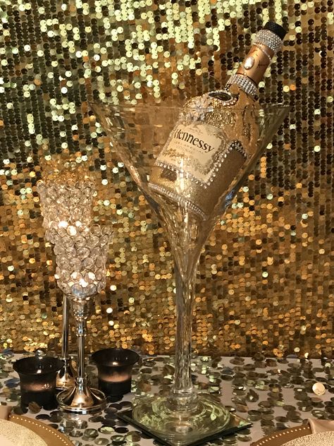 Hennessy bottle centerpiece Hennessy Party Ideas Decor, Hennessy Party, Decoration Ideas For Birthday, Bottle Decoration Ideas, Bedazzled Liquor Bottles, Hennessy Bottle, 50th Birthday Party Ideas For Men, Decorated Liquor Bottles, Diy Water Fountain