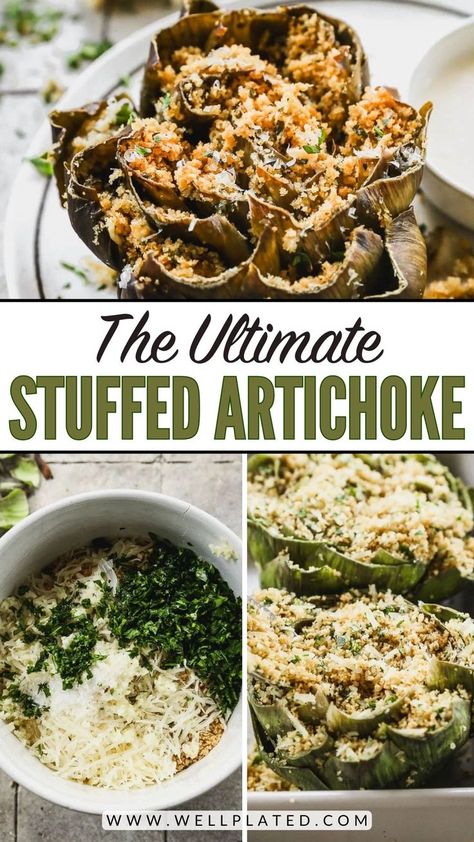 Baked Italian stuffed artichokes, with step-by-step photos and video. With crispy, Parmesan breadcrumbs and dipping sauce, they are worth it! Artichoke Recipes Baked, Italian Stuffed Artichokes, Stuffed Artichokes, How To Cook Artichoke, Holiday Meal Planning, Baked Artichoke, Italian Sausage Pasta, Slow Cooker Pasta, Artichoke Recipes