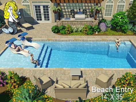 Swimming Pools Backyard Inground, Pool Landscaping Ideas, Inground Pool Landscaping, Beach Entry Pool, Living Pool, Dream Backyard Pool, Pools Backyard Inground, Fiberglass Swimming Pools, Pool Life