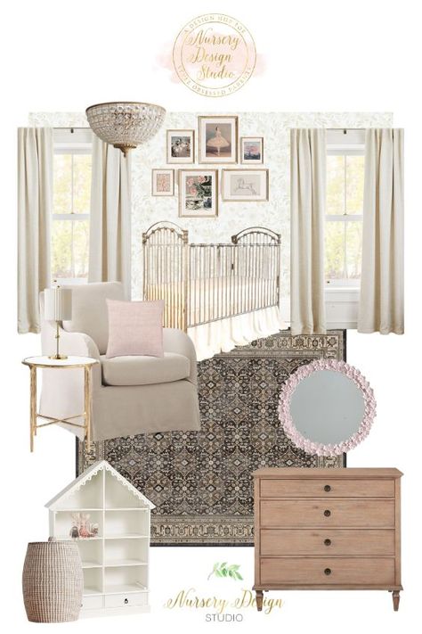 Traditional Nursery Ideas, Vintage Nursery Girl, Baby Girl Nursery Vintage, Girl Nursery Vintage, Girl Nursery Inspiration, Faux Queen, Vintage Baby Girl Nursery, Gold Crib, Nursery Design Board