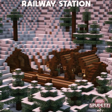 Minecraft Railway Station Ideas, Snowy Base Minecraft, Minecraft Minecart Station, Nether Highway, Minecraft Railway Station, Minecraft Railway Ideas, Minecraft Railway, Minecraft Train, Minecraft Building Designs