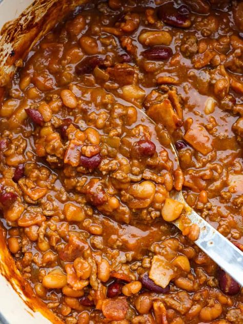 Baked Beans With Hamburger, Ground Beef And Bacon, Cowboy Baked Beans, Slow Cooker Baked Beans, Baked Beans With Bacon, Bean Dishes, Bbq Beans, Slow Cooker Baking, 2023 Food