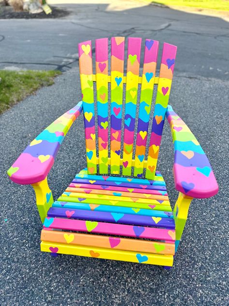 Hand painted rainbow adirondack chair, Lisa Frank 90s Y2K vibes Lisa Frank Inspired Art, Lisa Frank Inspired Furniture, Lisa Frank Painting, Lisa Frank Bedroom Ideas, Lisa Frank Decor, Lisa Frank Room, Lisa Frank Bedroom, Lisa Frank Art, Lisa Frank Aesthetic