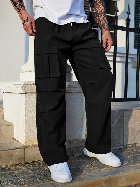 Black Street Collar  Fabric Plain Cargo Pants Embellished Non-Stretch All Men Plus Size Clothing Men Black Cargo Pants Outfit, Black Cargo Men Outfit, Black Cargos Outfit Men, Men’s Cargo Pants Styles, Cargo Black Pants Outfit, Outfit Cargo Noir, Cargo Pants Men Black, Black Cargos Outfit, Black Cargo Outfit