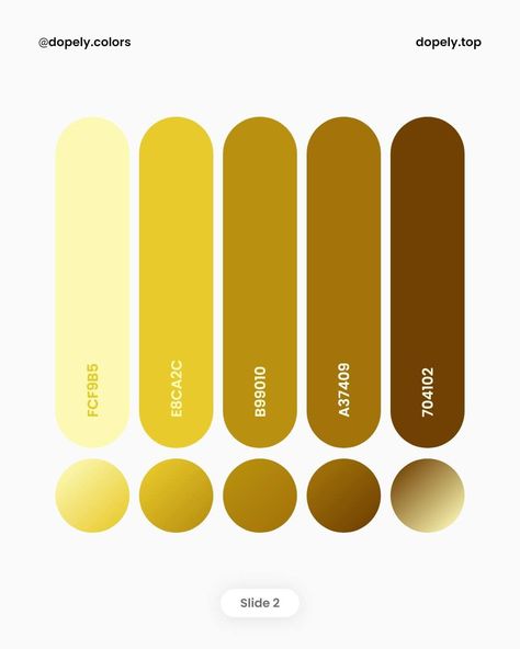 Birthday Color Schemes, Gold Color Hex, Different Shades Of Gold, Gold Colour Scheme, Gold Hex, Flat Color Palette, Color Theory Art, Gradient Color Design, Yellow Palette